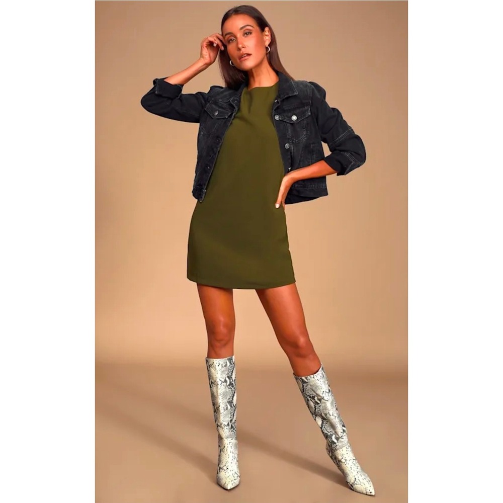Lulus Women Medium Olive Green Shift  & Shout Dress Short Sleeve Gold Zipper